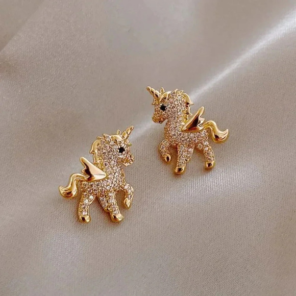 Gold Diamond Crystal Unicorn Stud Earrings - Picture 2 of 4